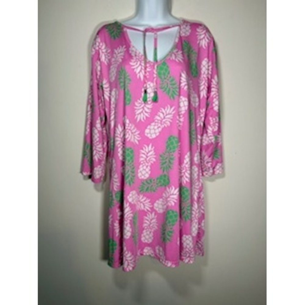 Viv & Lou Pink Pineapple Print Tassel 3/4 Sleeve Cover-up Dress Size M Resort